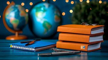Brightly colored notebooks and pens arranged on a blue table with a globe and festive lights photo