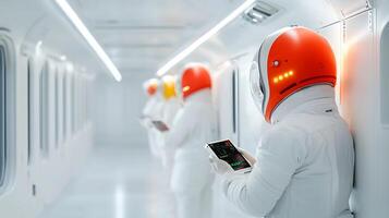 Astronauts in futuristic space corridor engaging with digital devices, showcasing advanced technology photo