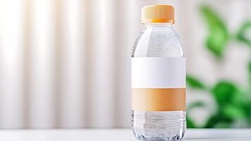 Clear water bottle with orange cap resting on a table, surrounded by soft natural light and greenery photo