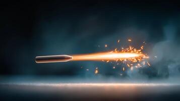 Bullet in motion with sparks and smoke, capturing the intensity of action in a dramatic setting photo