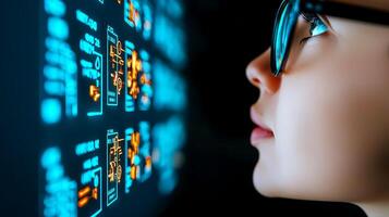 Child observing digital interface with glowing data, futuristic technology in the background photo
