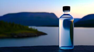Clear water bottle positioned on a rocky ledge with a serene lake and mountains in the background photo