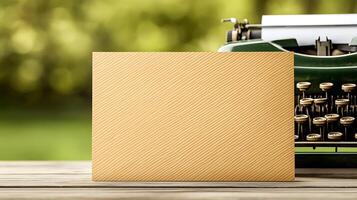 Blank textured card in front of a vintage typewriter on a wooden table with a blurred green background photo