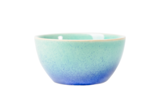 Light blue and turquoise ceramic bowl with speckled glaze isolated on transparent background perfect for serving and displaying food, sauces, candies, close up front view png
