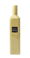 Studio shot of yellow ceramic oil bottle with silver label label saying - oil, isolated on transparent background, storage space and cooking essentials, png