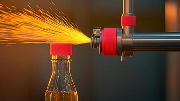 Close-up of a bottle being filled with liquid, showcasing a dynamic spray effect in a factory setting photo