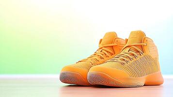 Bright orange athletic shoes displayed on a smooth surface with a colorful gradient background photo