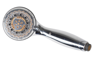 old chrome shower head with significant accumulation of limescale and rust as a result of untimely cleaning and high salt content in the water,concept of hygiene,isolated on transparent background, png