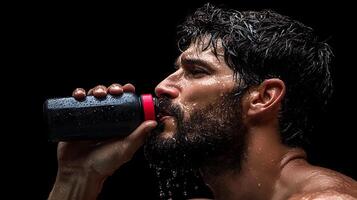 Athletic man drinking water from a bottle, showcasing determination and hydration in a dark setting photo