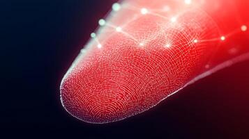 Close-up of a digital fingerprint showcasing intricate patterns and glowing connections in a dark background photo