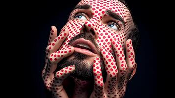 Artistic portrait of a man with dotted face paint, gazing upwards with dramatic lighting photo