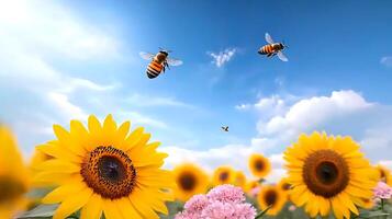 Bees pollinating vibrant sunflowers under a clear blue sky, creating a lively garden scene photo
