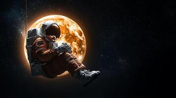Astronaut floating in space, gazing at a large glowing moon, surrounded by stars photo