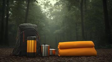 Camping gear arranged neatly in a serene forest setting, showcasing vibrant colors and tranquility photo
