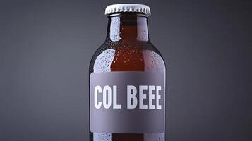 Close-up of a condensation-covered glass bottle with a partially obscured label in a dark setting photo