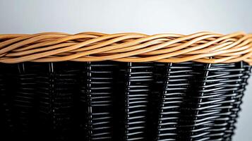 Close-up view of a woven basket showcasing intricate patterns and textures against a neutral background photo