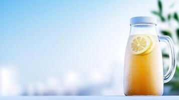 Refreshing pitcher of lemonade with lemon slices, set against a bright, blurred outdoor background photo