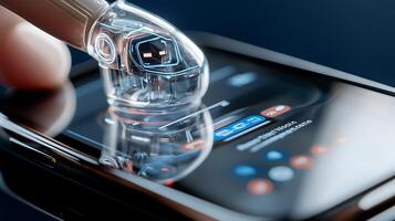 Close-up of a hand holding a futuristic device interacting with a smartphone screen, showcasing technology photo