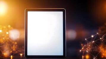 Modern tablet device on a blurred background with glowing lights and abstract connections photo
