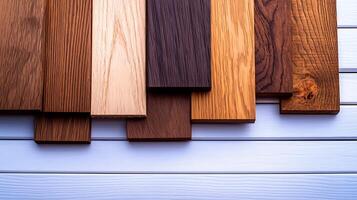 Various wooden planks arranged neatly on a white surface, showcasing different textures and colors photo