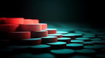 Stacked red and black circular tokens arranged artistically in a dimly lit setting photo