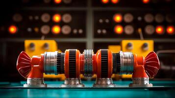 Close-up of a mechanical component with vibrant colors, set against a blurred industrial background photo