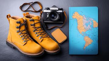 Yellow hiking boots, camera, and map arranged on a textured surface for travel planning photo