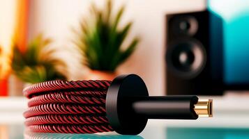 Close-up of a red audio cable coiled on a table with plants and speakers in the background photo