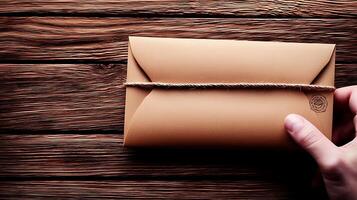 Hand reaching for a rustic envelope tied with twine on a wooden surface, evoking anticipation photo