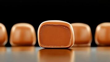 Close-up of smooth, glossy chocolate candies arranged in a row on a reflective surface photo