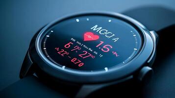 Close-up of a modern smartwatch displaying heart rate and health metrics on a sleek surface photo