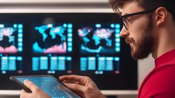 Young man analyzing data on a tablet with digital graphs and world maps in the background photo