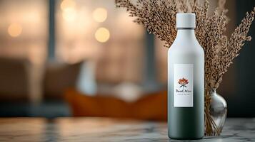 Elegant glass bottle with a minimalist design, surrounded by dried flowers in a cozy interior setting photo