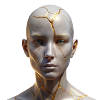 beautiful minimalist Portrait of a person with skin made of cracked porcelain, revealing intricate gold detailing underneath, lit by warm, antique lighting, in a kintsugi-inspired style professional png