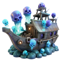 wonderful rustic A sunken pirate ship, encrusted with barnacles and surrounded by ghostly, bioluminescent jellyfish, lit by the eerie glow of deep-sea vents. Dark fantasy style high resolution png