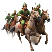 elegant modern A group of soldiers charging into battle on horseback, dust billowing around them, dynamic lighting, action painting style detailed png