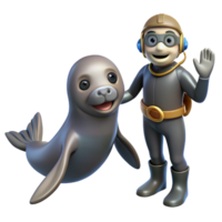 dramatic rustic A diver interacting with a friendly grey seal, in a heartwarming, photorealistic style professional png