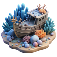 serene contemporary A shipwreck resting on the ocean floor, colonized by corals and sponges, in a hauntingly beautiful, realistic style high quality png