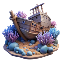 stunning artistic A shipwreck resting on the ocean floor, colonized by corals and sponges, in a hauntingly beautiful, realistic style detailed png