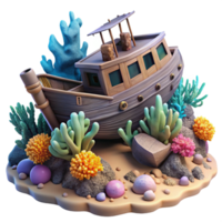 dramatic minimalist A shipwreck resting on the ocean floor, colonized by corals and sponges, in a hauntingly beautiful, realistic style authentic png