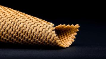 Close-up of a rolled textured fabric showcasing intricate weaving patterns against a dark background photo