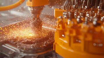 Close-up of a precision machining process with sparks flying in a modern industrial setting photo