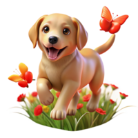 magnificent contemporary A playful golden retriever puppy chasing a bright red butterfly in a field of wildflowers, lens flare adding a dreamlike quality. Impressionistic style, vibrant colors genuine png