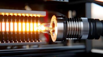 Close-up of a glowing light bulb within a modern electrical device, showcasing intricate design and technology photo