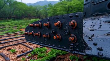 Close-up of a rusty train wheel with bolts, surrounded by lush greenery and railway tracks photo