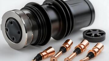 Close-up of a mechanical component with connectors, showcasing intricate design and craftsmanship photo