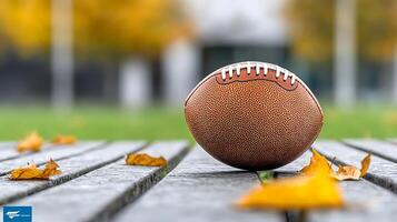 Close-up of a football resting on a wooden surface surrounded by autumn leaves in a park photo