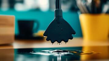 Close-up of a silicone spatula dripping water over a reflective surface in a kitchen setting photo