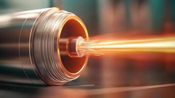 Close-up of a metal nozzle expelling a vibrant stream of orange flames in a workshop setting photo