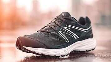 Close-up of a modern running shoe on a wet urban street with blurred cityscape in background photo